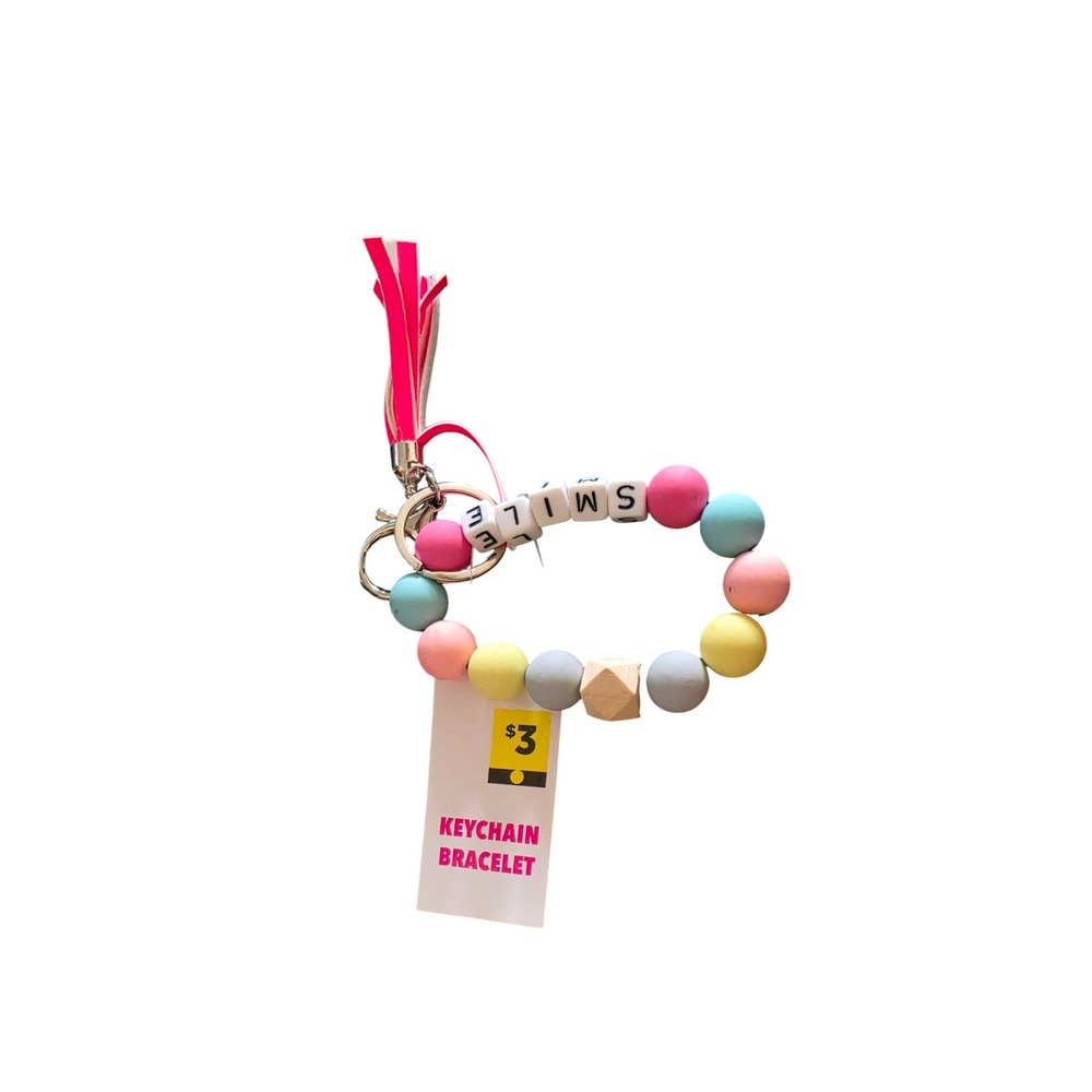 SMILE Pastel Silicone Bead Keychain Bracelet Pink Tassel Wristlet Key Ring